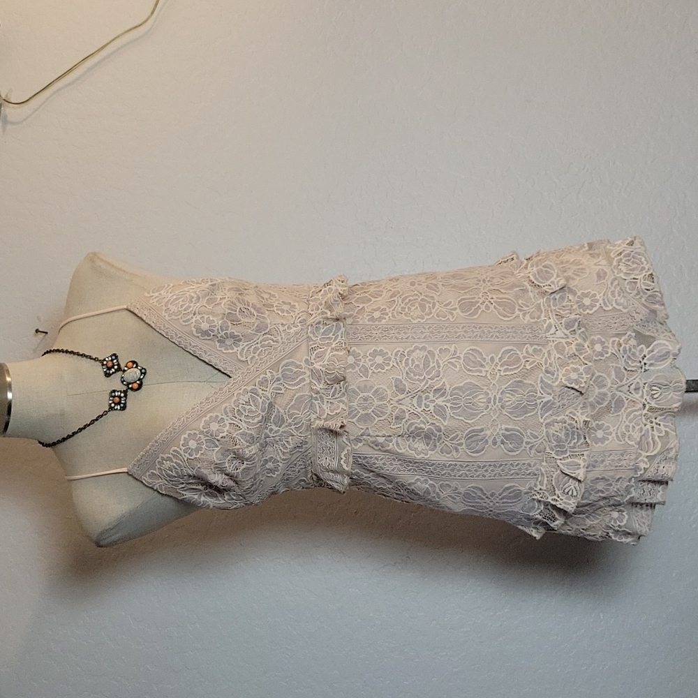 ANGEL BIBA Lace ruffle Mauve V Neck Strappy Dress Elegant Sexy Mini Dress